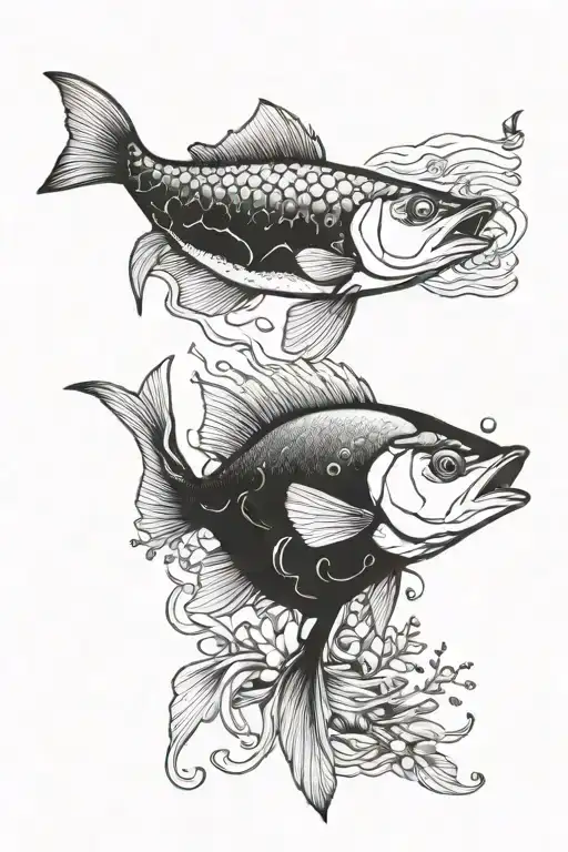pike, clam, kale and other small fish, detailed cluttered tattoo design idea