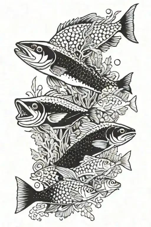 pike, clam, kale and other small fish, detailed cluttered tattoo design idea