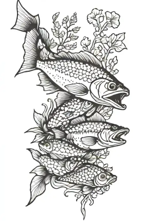 pike, clam, kale and other small fish, detailed cluttered tattoo design idea