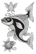 pike, clam, kale and other small fish, detailed cluttered tattoo design idea