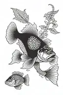 pike, clam, kale and other small fish, detailed cluttered tattoo design idea