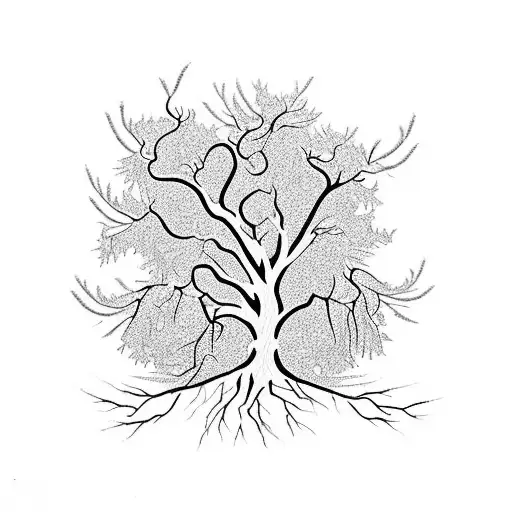 A majestic tree with intertwined branches representing your journey since college, blossoming into vibrant leaves symbolizing your marriage, and a tiny sapling growing at the base to represent your beautiful family. tattoo design idea