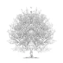 A majestic tree with intertwined branches representing your journey since college, blossoming into vibrant leaves symbolizing your marriage, and a tiny sapling growing at the base to represent your beautiful family. tattoo design idea
