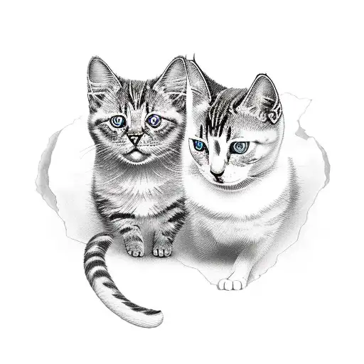 black and white cats, family of five, nature, freedom, all knowing,  tattoo design idea