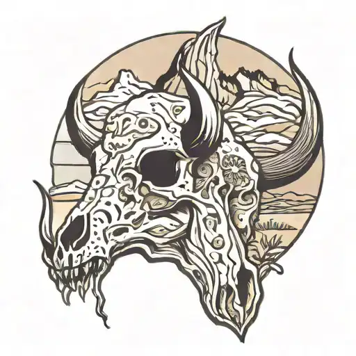 buffalo skull in desert landscape tattoo design idea