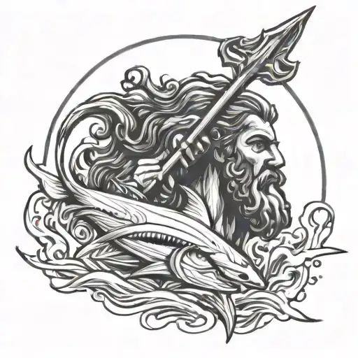 A sketch-style portrait of Poseidon holding a trident, with a shark swimming below him tattoo design idea