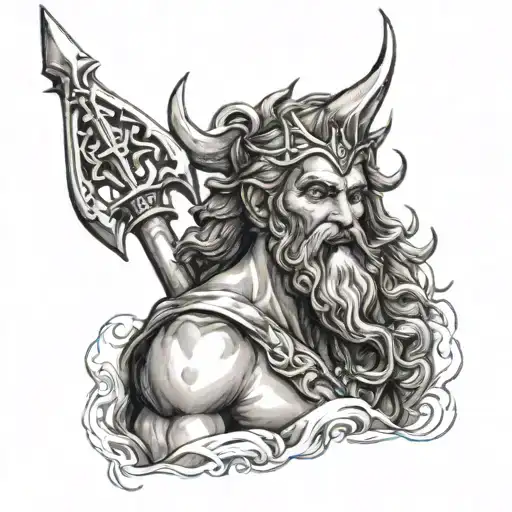 A sketch-style portrait of Poseidon holding a trident, with a shark swimming below him tattoo design idea