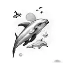 Create a cute and beautiful medium size dolphin tattoo and add VIIIMCMLXXIII somewhere tattoo design idea