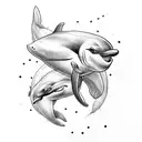 Create a badass but cute and beautiful medium size dolphin tattoo and add VIIIMCMLXXIII somewhere tattoo design idea
