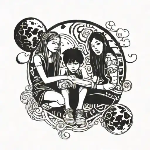 1 5-year-old boy (boy) sitting next to his 2 3-year-old sisters (girls), one on each side, looking at the moon behind him tattoo design idea
