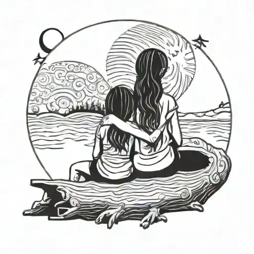 3 siblings (two 3-year-old girls and 1 5-year-old boy) looking at the moon sitting on a log, with their backs to the camera tattoo design idea