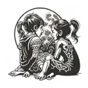 1 5-year-old boy (boy) sitting next to his two 3-year-old sisters (girls), one on each side looking at the moon tattoo design idea