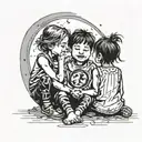 1 5-year-old boy (boy) sitting next to his two 3-year-old sisters (girls), one on each side looking at the moon tattoo design idea