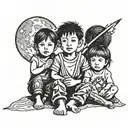 1 5-year-old boy (boy) sitting next to his two 3-year-old sisters (girls), one on each side looking at the moon tattoo design idea