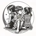 1 5-year-old boy (boy) sitting next to his two 3-year-old sisters (girls), one on each side looking at the moon tattoo design idea