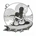 3 siblings (two 3-year-old girls and 1 5-year-old boy) looking at the moon sitting on a log, with their backs to the camera tattoo design idea