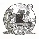 3 siblings (two 3-year-old girls and 1 5-year-old boy) looking at the moon sitting on a log, with their backs to the camera tattoo design idea