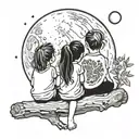 3 siblings (two 3-year-old girls and 1 5-year-old boy) looking at the moon sitting on a log, with their backs to the camera tattoo design idea