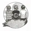 3 siblings (two 3-year-old girls and 1 5-year-old boy) looking at the moon sitting on a log, with their backs to the camera tattoo design idea
