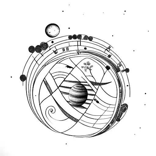 A minimalist tattoo of a planet surrounded by a wreath of plants, with musical notes and a bird flying in the sky tattoo design idea