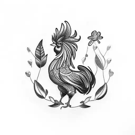 A blackwork tattoo of a rooster surrounded by four-leaf clovers, symbolizing luck and opportunity. tattoo design idea