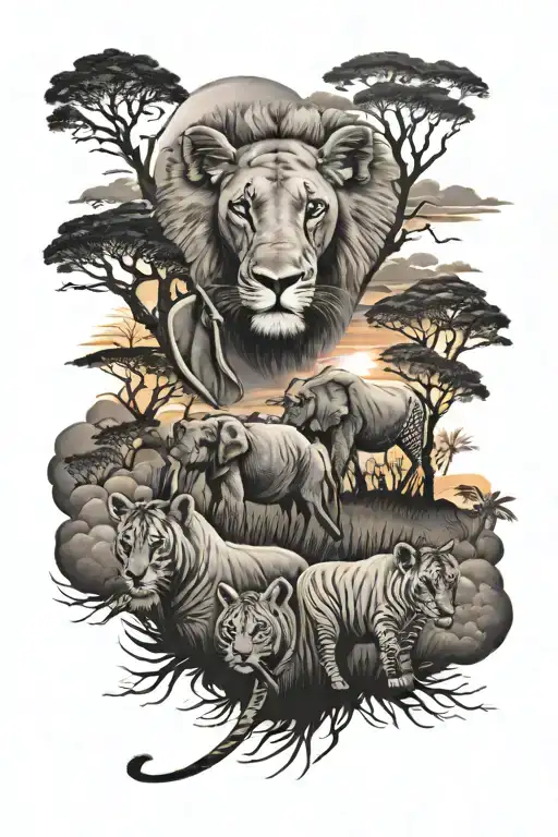 safari animals sunset tattoo design idea