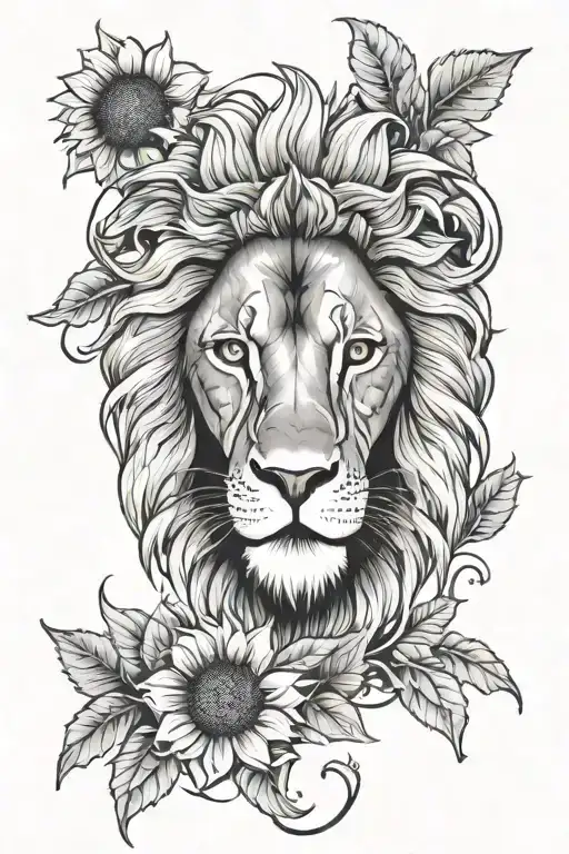 lion face with sunflower surrounded tattoo design idea