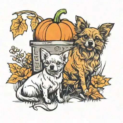 pumpkin and small dog in field  tattoo design idea