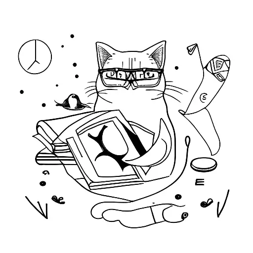 A minimalist tattoo of a teacher's desk with a penguin, cat, and bunny on it tattoo design idea