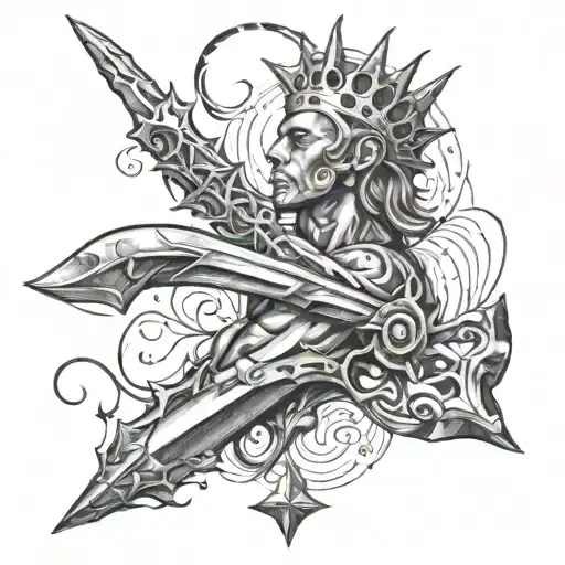 Brazo con tatuaje con los siguientes símbolos fusionados: Espada, una corona, un ave volando, una estrella de 9 puntas tattoo design idea