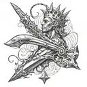 Brazo con tatuaje con los siguientes símbolos fusionados: Espada, una corona, un ave volando, una estrella de 9 puntas tattoo design idea