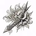 Brazo con tatuaje con los siguientes símbolos fusionados: Espada, una corona, un ave volando, una estrella de 9 puntas tattoo design idea