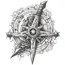 Brazo con tatuaje con los siguientes símbolos fusionados: Espada, una corona, un ave volando, una estrella de 9 puntas tattoo design idea