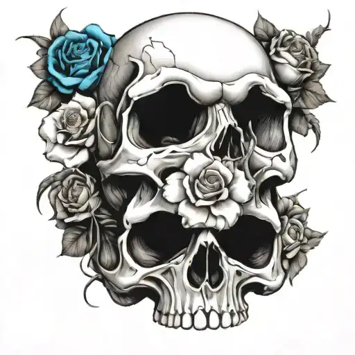 a jawless skull, with blue flaming heart eyes, holding flowers with stems  tattoo design idea