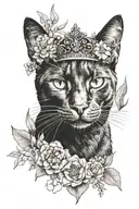 face of a black cat with crown and eucalyptys and flowers surrounding tattoo design idea