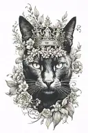 face of a black cat with crown and eucalyptys and flowers surrounding tattoo design idea