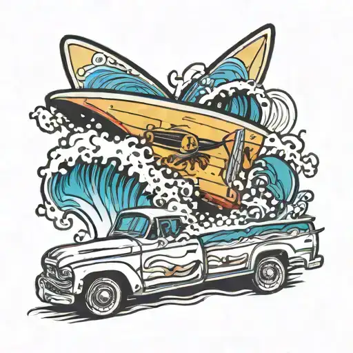 surf board with board broken in half. angle from the bottom, showing the trucks tattoo design idea