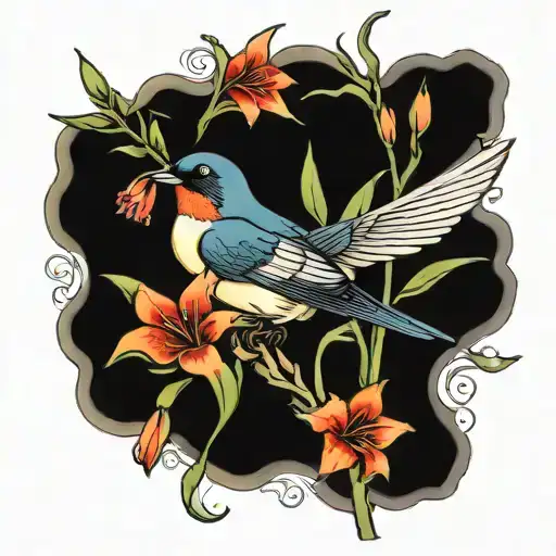 swallow bird gladioli plant intertwined tattoo design idea