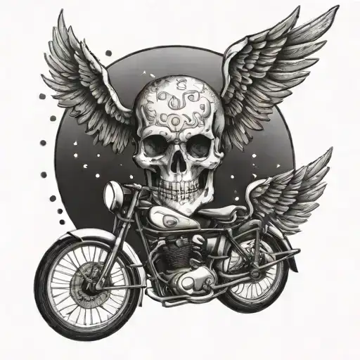 A bike with wings flying towards a skull-shaped sun tattoo design idea