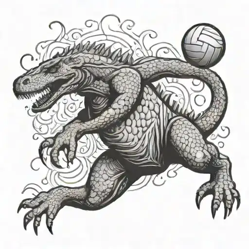 A volleyball player jumping over a flaming comodo dragon tattoo design idea