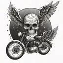 A bike with wings flying towards a skull-shaped sun tattoo design idea