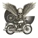 A bike with wings flying towards a skull-shaped sun tattoo design idea