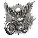 A bike with wings flying towards a skull-shaped sun tattoo design idea