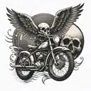 A bike with wings flying towards a skull-shaped sun tattoo design idea