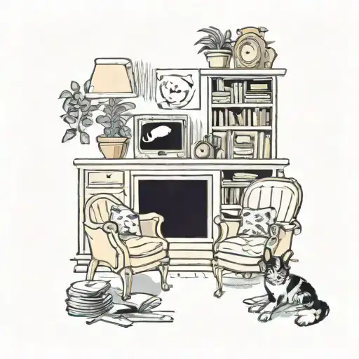 A tattoo design of a cozy living room scene with your favorite movies playing on the TV, surrounded by art pieces that inspire you, like a painting of your pets tattoo design idea