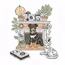 A tattoo design of a cozy living room scene with your favorite movies playing on the TV, surrounded by art pieces that inspire you, like a painting of your pets tattoo design idea