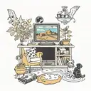 A tattoo design of a cozy living room scene with your favorite movies playing on the TV, surrounded by art pieces that inspire you, like a painting of your pets tattoo design idea