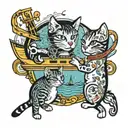a cruise ship on the ocean with music of the smiths and the misfits playing from it. anthropomorphic cats and dogs dance tattoo design idea