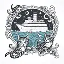 a cruise ship on the ocean with music of the smiths and the misfits playing from it. anthropomorphic cats and dogs dance tattoo design idea