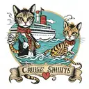 a cruise ship on the ocean with music of the smiths and the misfits playing from it. anthropomorphic cats and dogs dance tattoo design idea